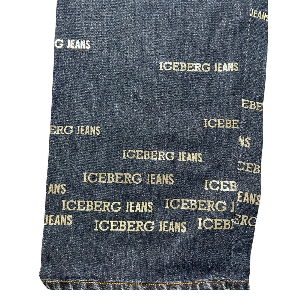 VTG‎ Iceberg Jeans Mens 36x32 Dark Wash Logo Print Wide Leg Denim Made in Italy